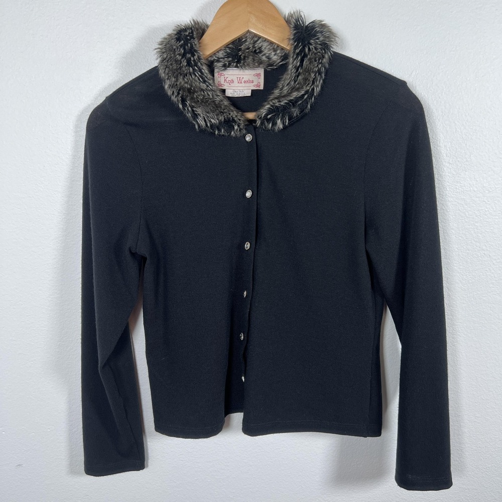 Vintage Knit Works Cardigan Girls Plus XL Faux Fur Collar Retro Black Y2K USA